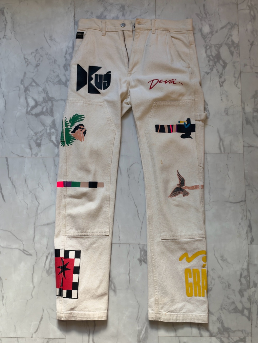 Devastates Cream Graphic carpenter style Jeans